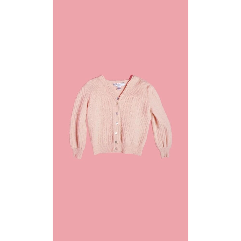 1980-90s Victoria Jones Pink LAMBSWOOL ANGORA Blend CARDIGAN W/Shell Buttons S-M